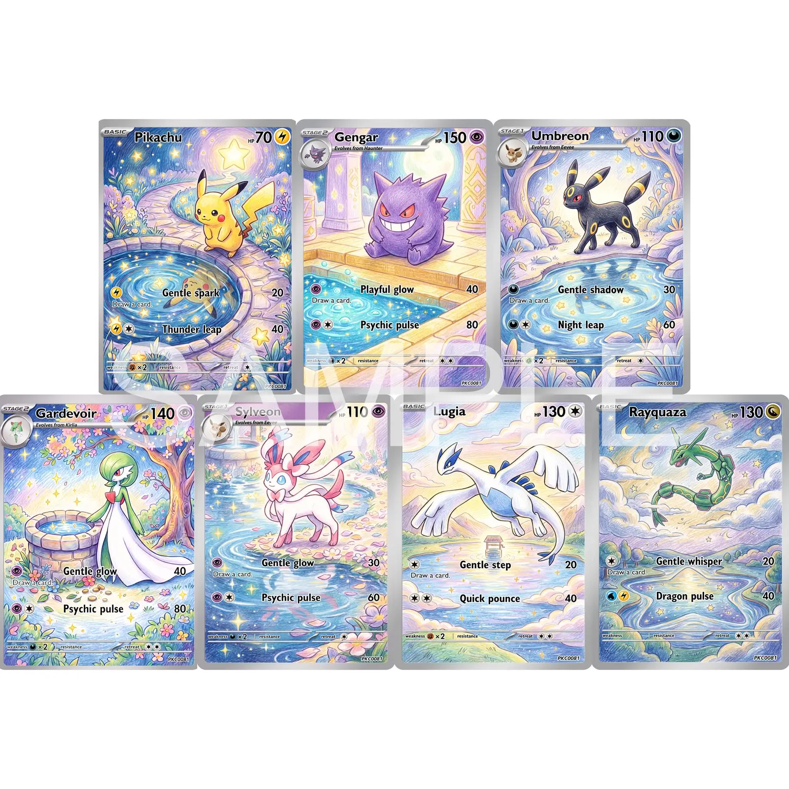 7Pcs PKM Cards PTCG Colored Pencil Storybook Style Gengar Umbreon Gardevoir Sylveon Lugia Rayquaza Art Collection Cards PTCG