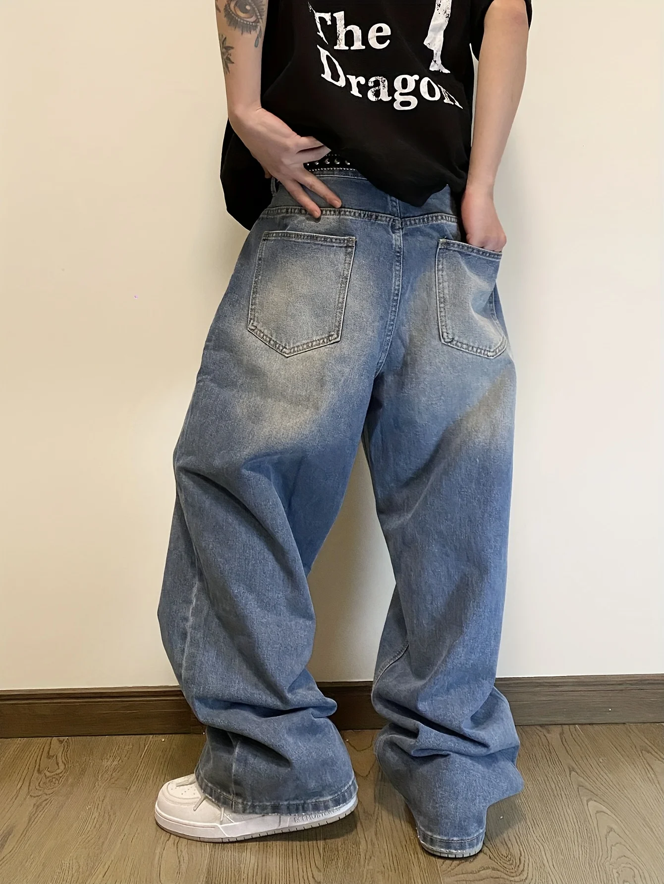 Męskie szerokie jeansy Y2K z szerokimi nogawkami, dżinsowe spodnie w stylu vintage z prostymi nogawkami, codzienne spodnie dżinsowe z kieszeniami, streetwear