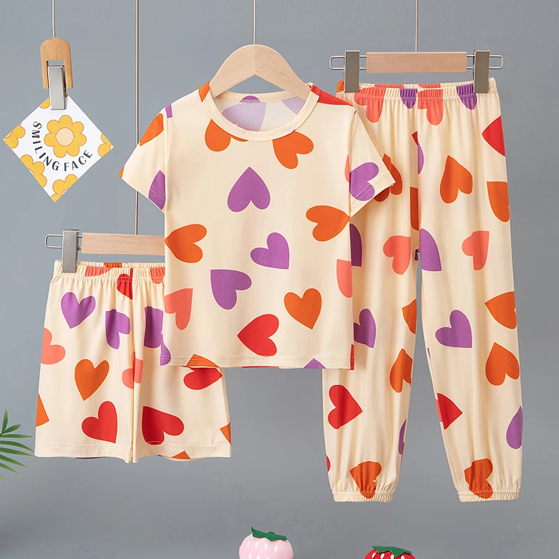 3-teiliges Set aus Sommer-Kurzarmshirts, Shorts und Hosen für Jungen und Mädchen, bunter, lässiger, bedruckter, süßer Anzug – Detail 7