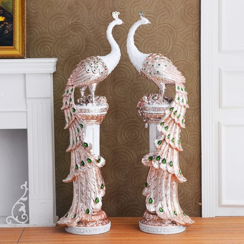 Nordic Luxury Peacock Pillar Resin Statue Accessories Home Livingroom Sculpture Ornaments Villa Hotel Office Figurine Decoration