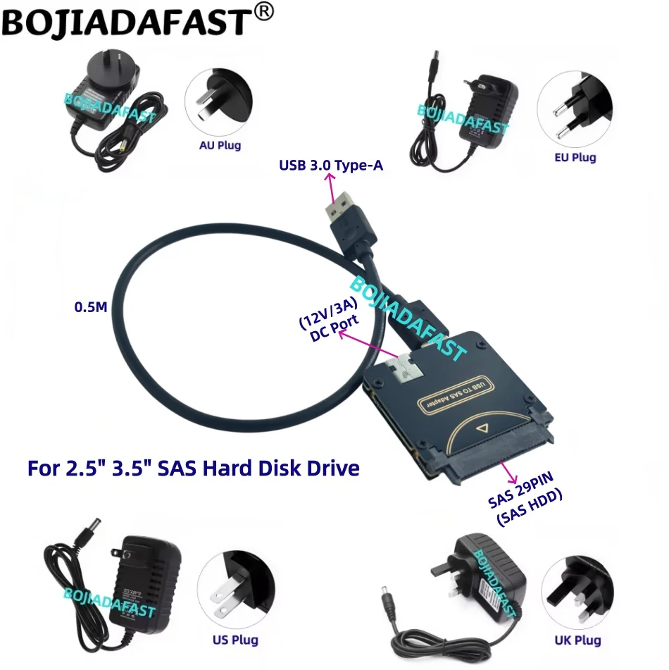 USB 3.0 Type-A Connector to SFF-8482 SAS 29Pin HDD Converter Card With 12V/3A DC Power Adapter For 2.5" 3.5" Hard Disk Drive