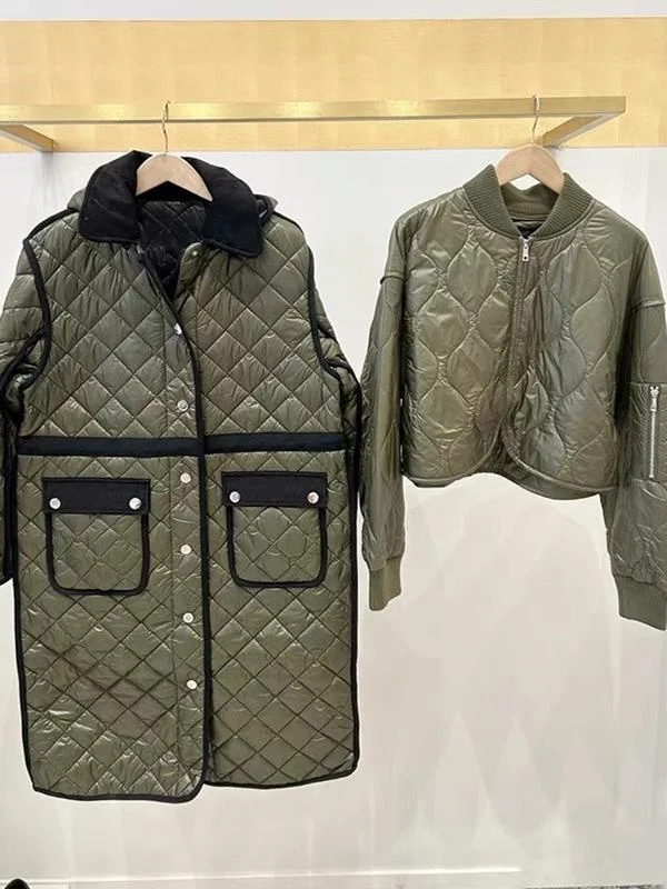 

MJ Home 2024, осенне-зимняя новинка, легкая длинная хлопковая куртка с капюшоном в стиле милитари с ромбовидной вышивкой и цветной блузкой