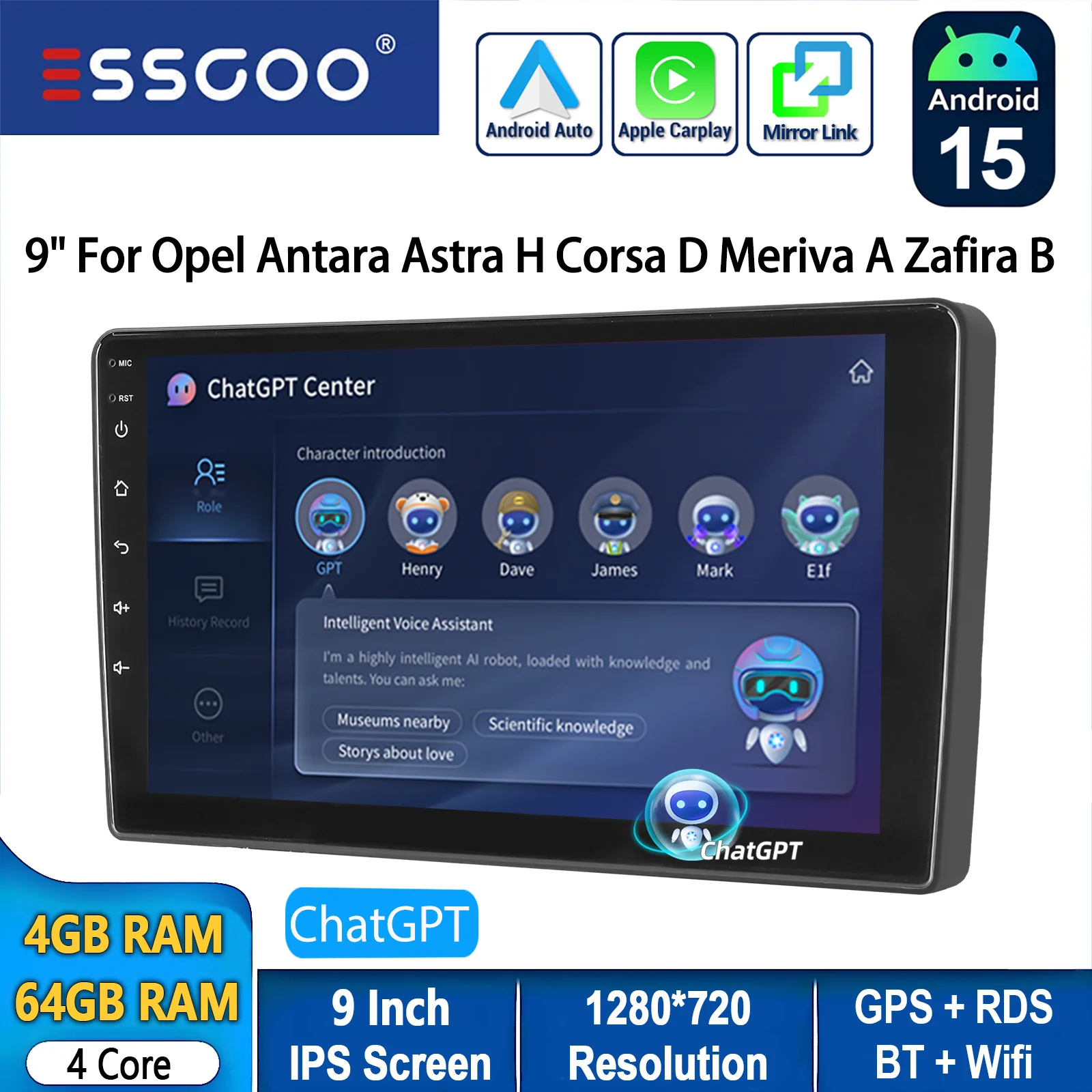 ESSGOO 9 inch Android 15 draadloze CarPlay autoradio voor Opel Antara Astra H Meriva A Zafira B Corsa D GPS navigatie FM BT RDS SWC