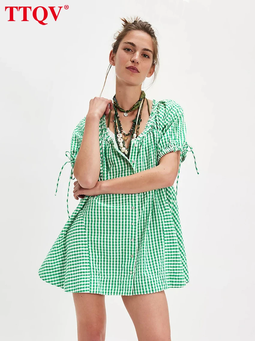 

TTQV Summer Loose Green Plaid Women Dress 2026 Fashion V-Neck Short Sleeve Mini Dresses Elegant Classic Female Dress Streetwear