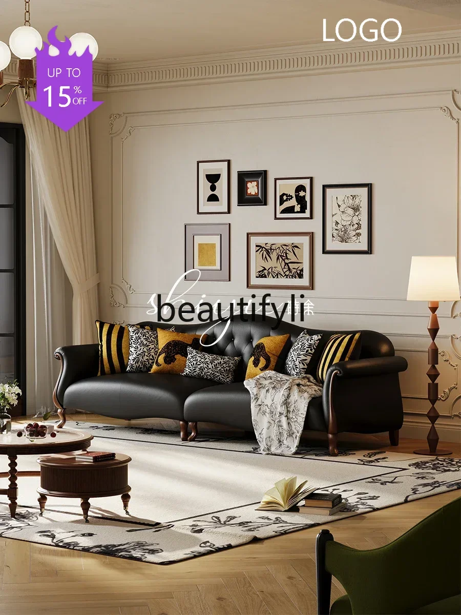 Q181  Sofa leather solid wood villa antique sofa combination retro style straight row small sofa