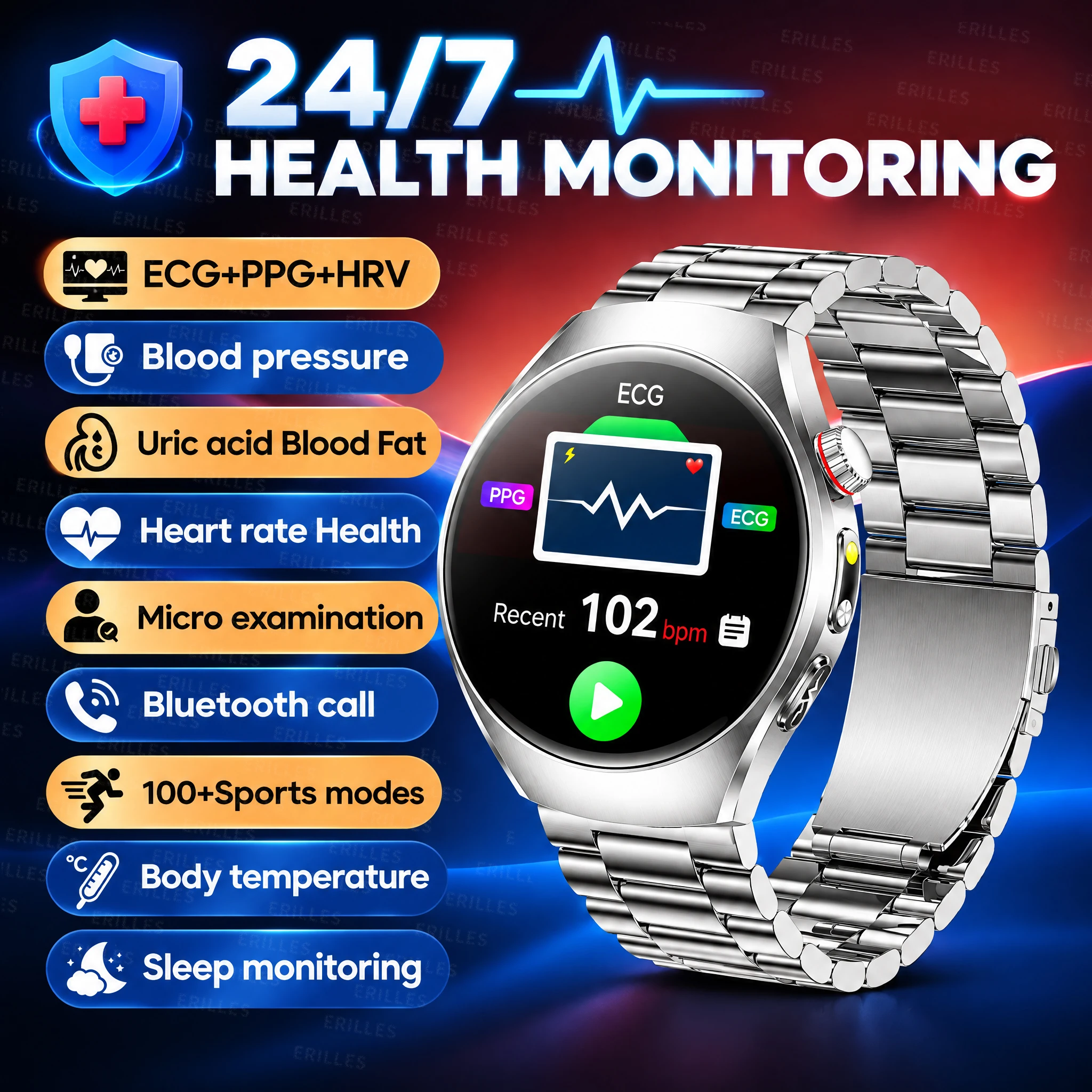 Health Monitoring Smart Watch 1.43 AMOLED ECG Blood Pressure SpO2 Uric Acid Lipids Body Fat BMI Bluetooth Call SOS Men Women