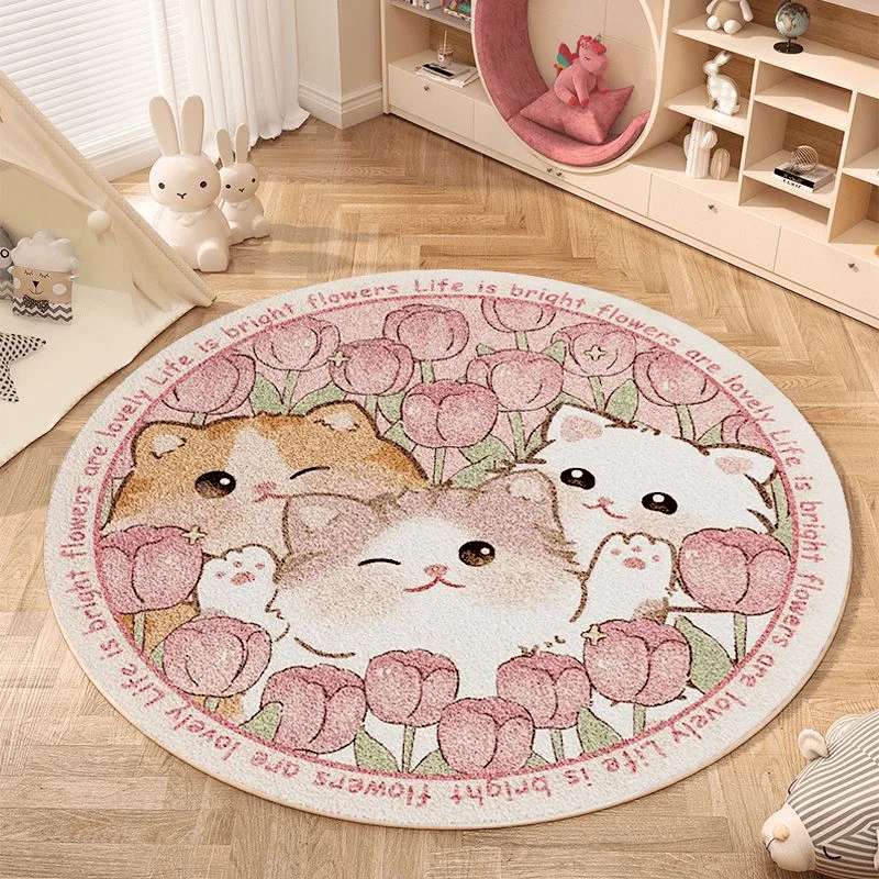 

VIKAMA Cute Cat Tulip Round Rug—Non-Slip, Perfect for Decorating Girls' Rooms and Living Rooms with Floral Motifs