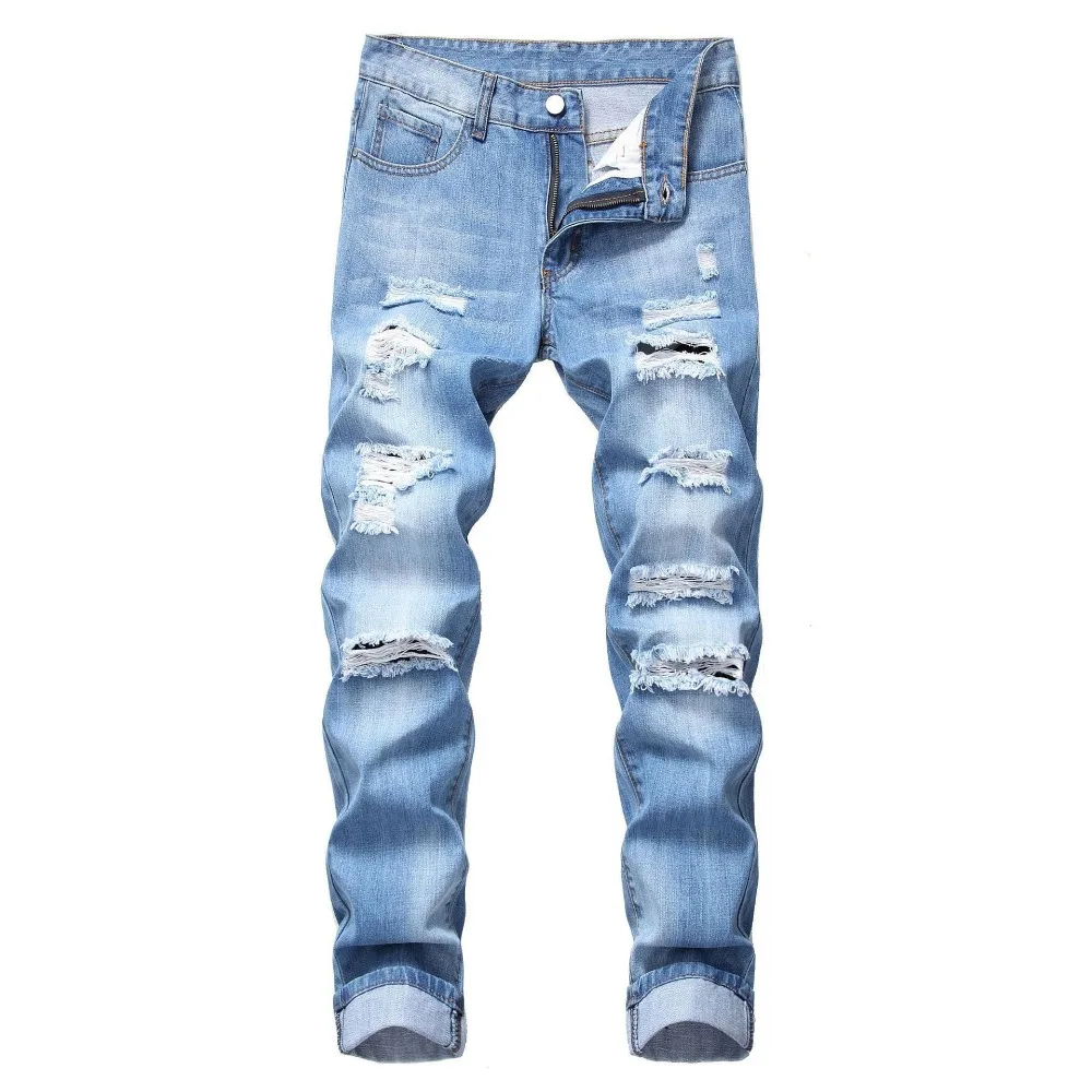 Punk Street Style Ripped Skinny Jeans Men Vintage Wash Solid Denim Trouser Mens Casual Slim Fit Pencil Denim Holes Pants 2024