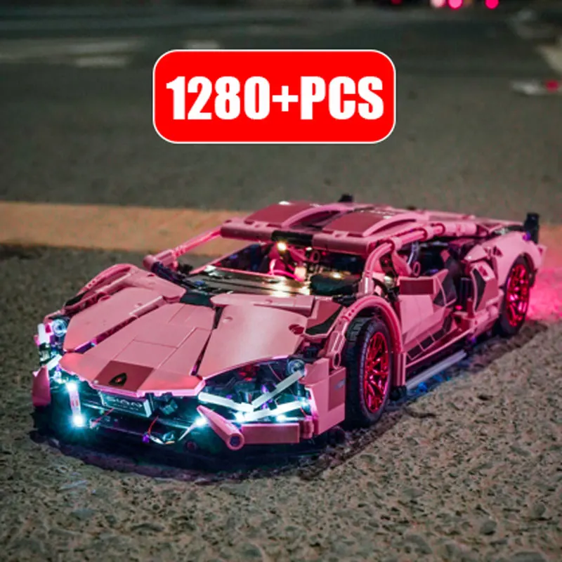 Technical Sports Car With Light 1:14 Pink Lambor Building Blocks Limited Edition Vehicle Assemble Bricks Toys Gifts For Girls