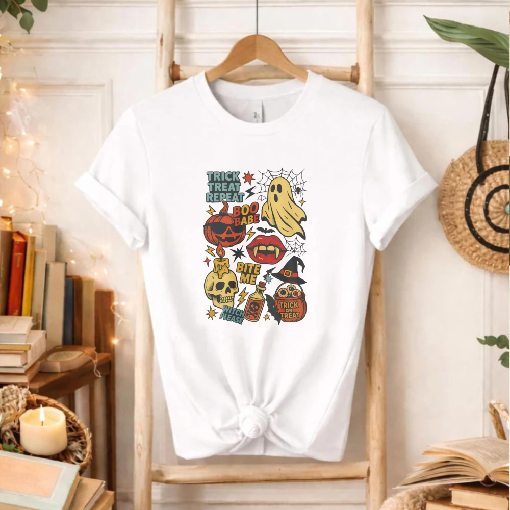 Trick Treat Repeat Retro Halloween Doodle T‑Shirt Ghost Pumpkin Skull Vampire Lips Witch Hat Spider Web Potion Bottle Tops Tee