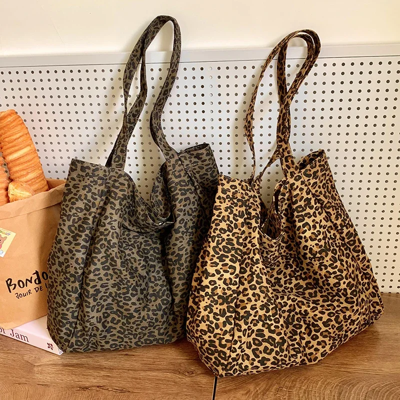 Hot Sale Leopard Pattern Shoulder Bags High Quality Zipper Canvas Fabric Bags for Women Autumn Casual Fashion Classic Tote Bags