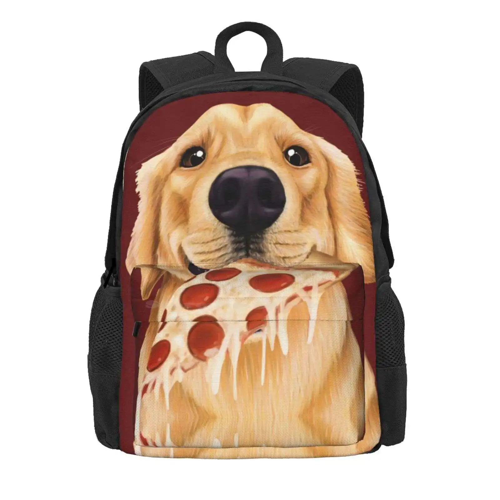 Golden Retriever Eating Pizza - Dog With A Slice Of Pizza Hot Sale Schoolbag Backpack Fashion Bags Golden Retrievers Yellow