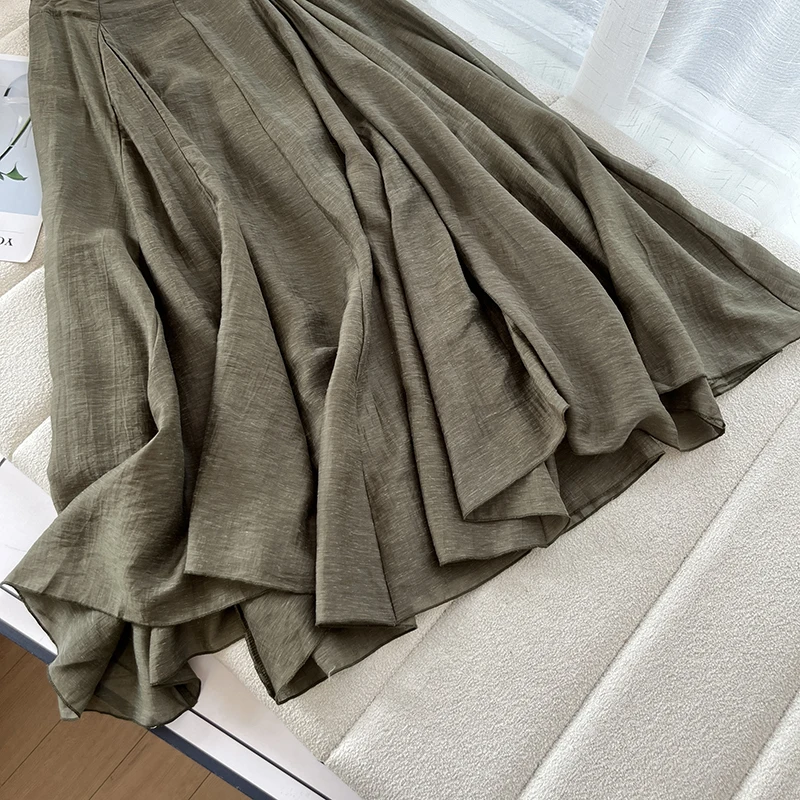 

Ele A-Line Midi Skirt with Asymmetrical Hem Drapey Fabric Lightweight High Waist Color Commute Sle for Women