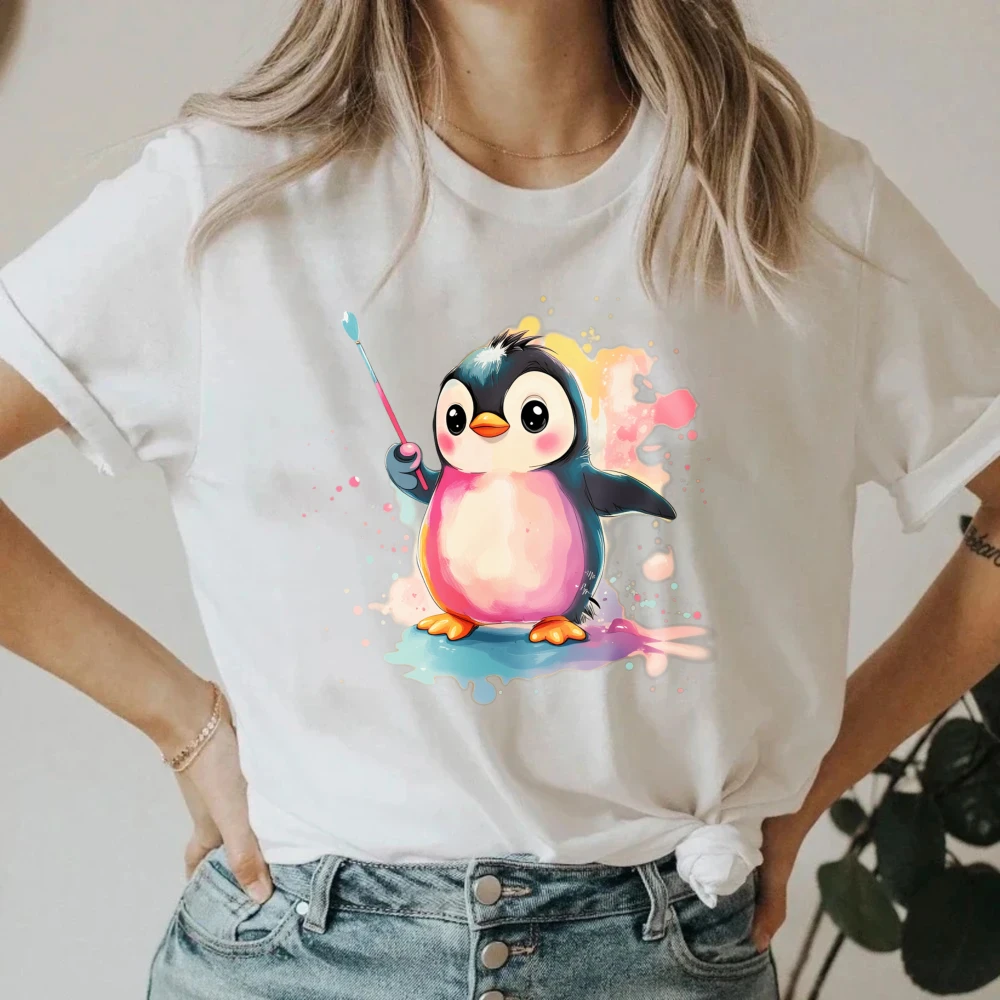 Forest Style Fresh Penguin Painter T-Shirt, Watercolor Animal Print Cotton Tee, Nature Lover Aesthetic Casual Top  T-shirts