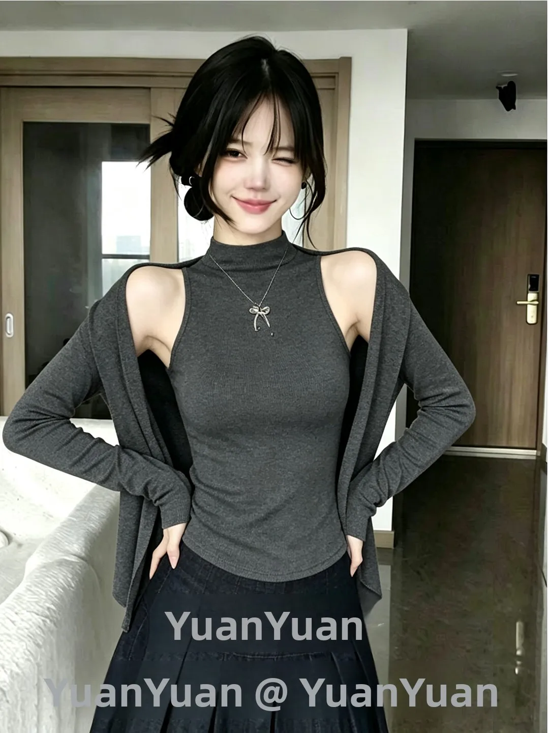Spring Autumn 2026 Women's Slim Fit Sleeveless High Collar Vest Top Long Sleeve Open Cardigan Two Piece Set Casual Style Poly...