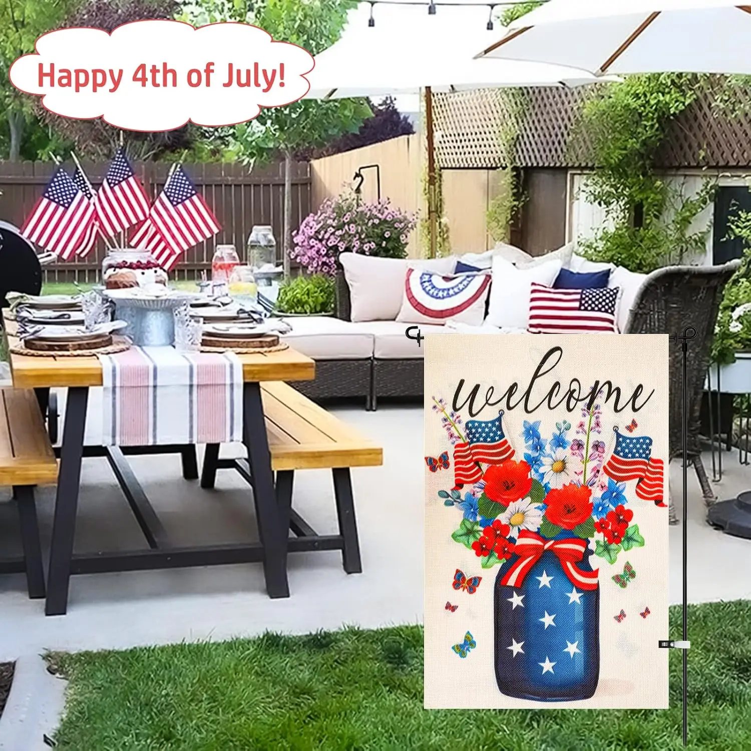 4th of July Garden Flags for Outside, 12x18 inch Double Sided Memorial Day Garden Flag Mason Jar Flowers Patriotic Garden Flag S