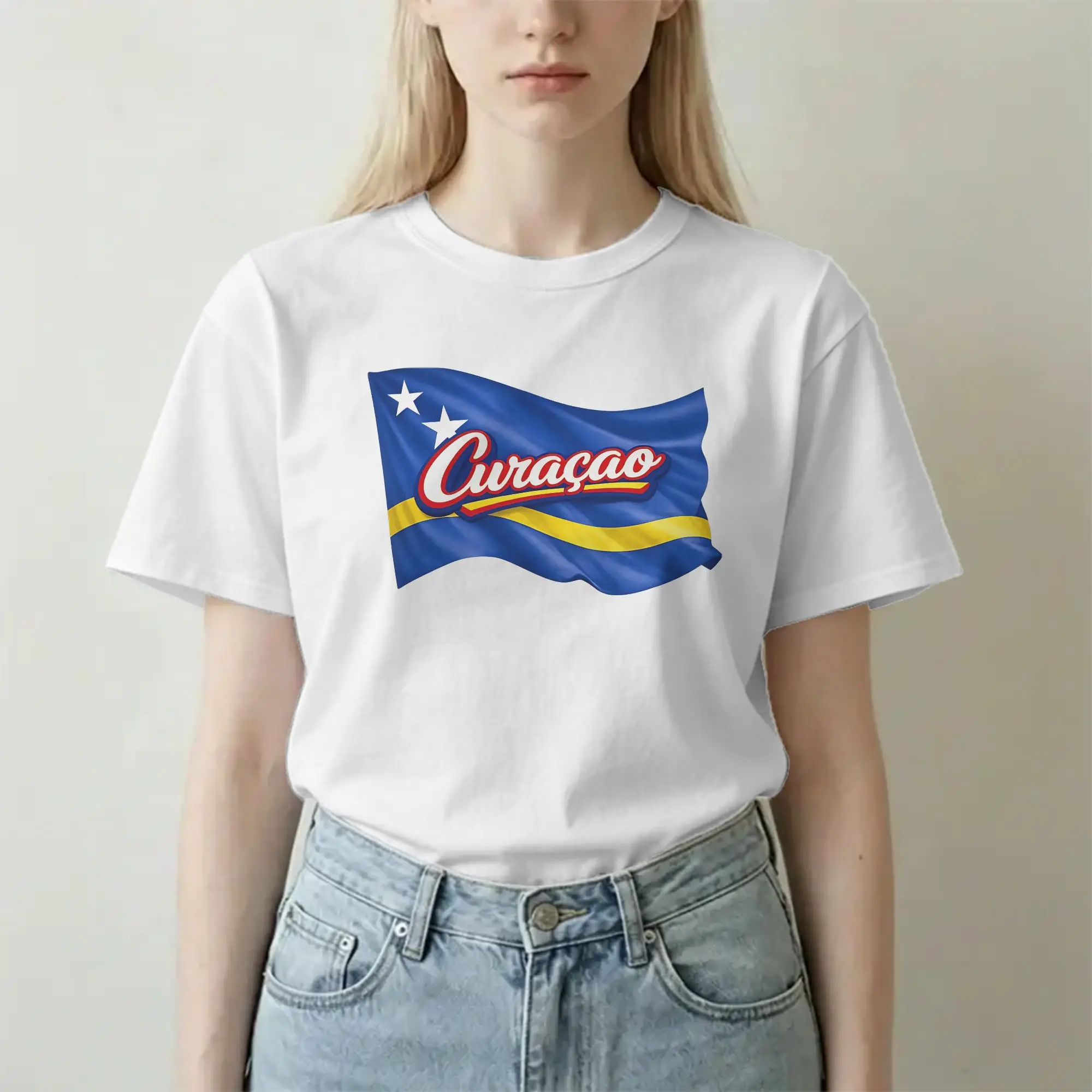 Camiseta de Futebol com a Bandeira de Curaçao para Homens e Mulheres, Camiseta Divertida de Manga Curta com Gola Redonda, Roupas de Algodão Plus Size