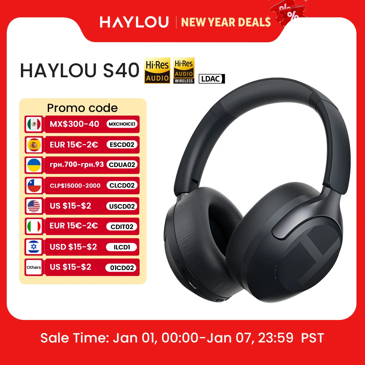 HAYLOU S40 ANC Wireless Headphone 50dB Noise Canceling Hi-Res 3D Spatial Audio Earphone with LDAC Bluetooth 6.0 Over Ear Headset