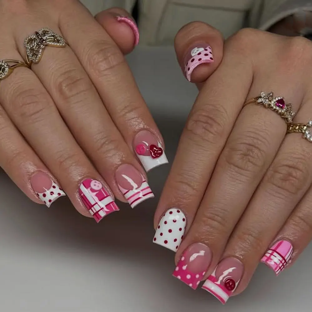 24PCS Pink White Square Press on Nails Polka Dot Plaid Heart Button Print Fake Nails French Sweet Gentle Style Reusable Manicure