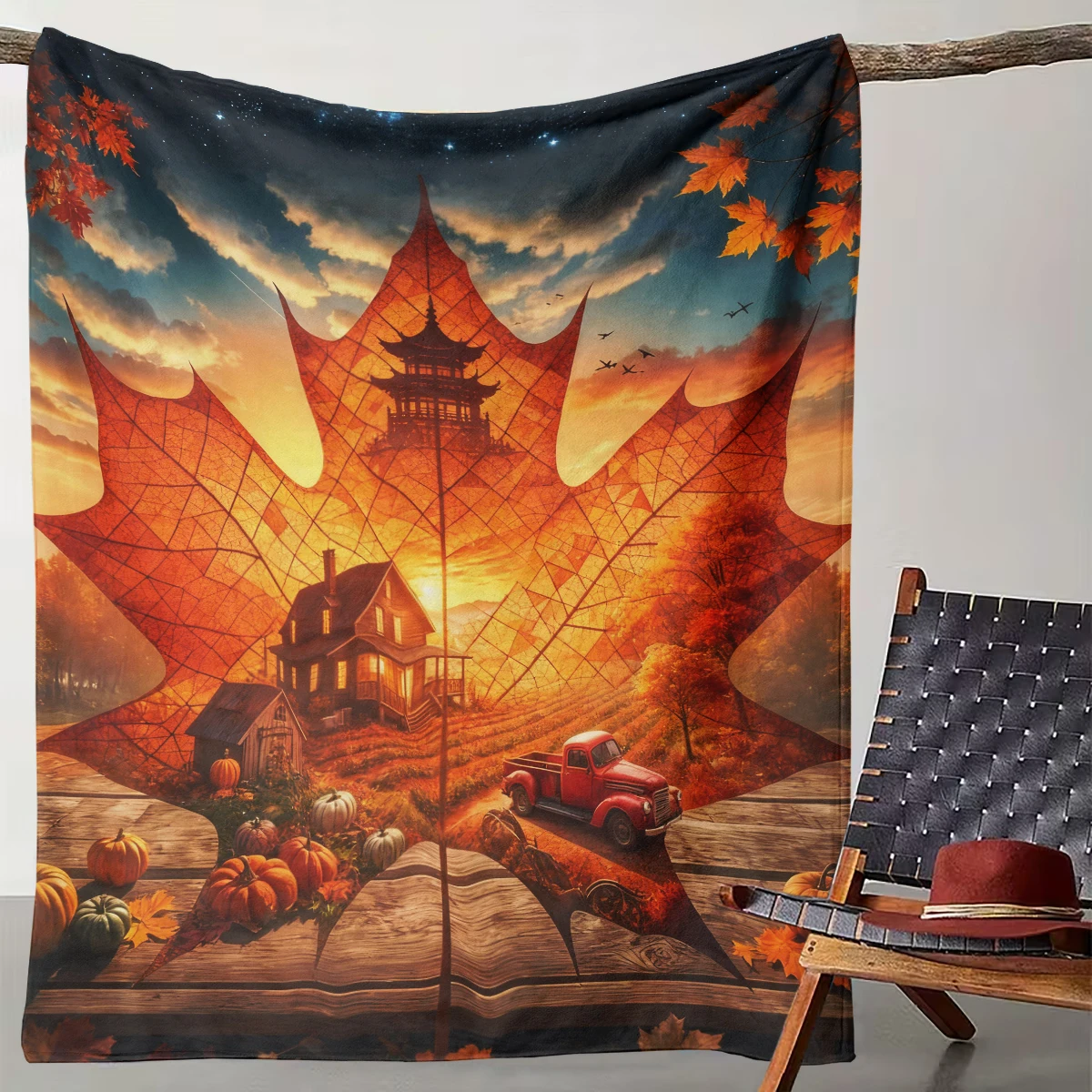 

1 Maple Leaf Double Exposure Autumn Countryside Blanket Retro Pumpkin Farm Landscape Home Decoration Blanket