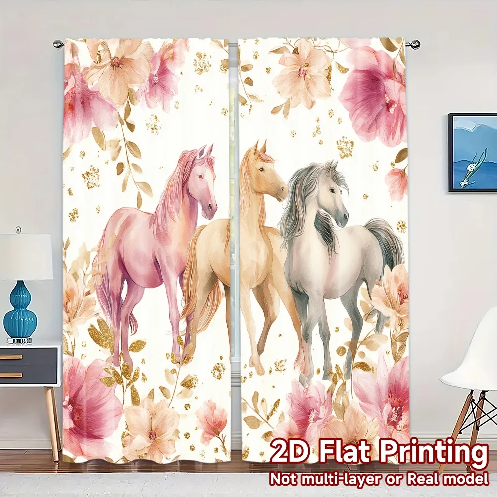 2D Flat Printing,JIT 2pcs, Curtains (Without Rod) Equine Celebration Modern Curtain Modern Machine Washable Fabric Curtains