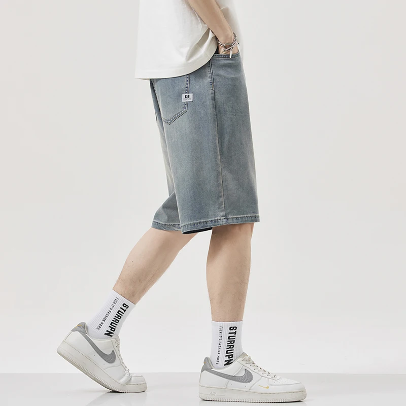 

2026 summer men's straight tube lightweight Lyocell stretch denim shorts classic Patches retro casual knee length thin shorts