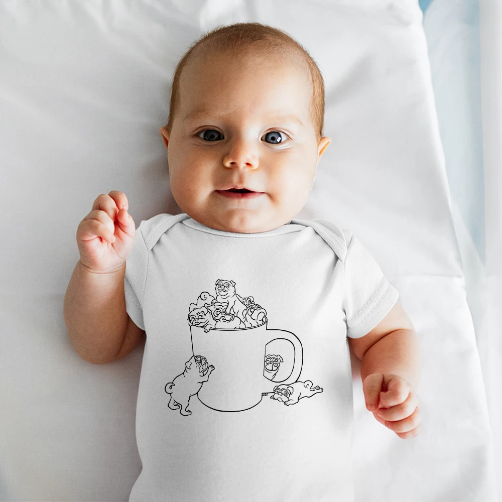 Cartoon Animal Clothes For Newborn Baby Boy Pug Love Aesthetic Harajuku Toddler Baby Bodysuit O-Collar White One-Pieces Onesie