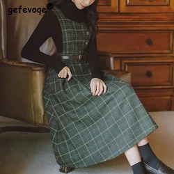 Vintage Plaid Print Belt Elegant Woolen Dresses for Women 2024 Autumn Winter Fashion Sleeveless Slim Pleated Midi Dress Vestidos