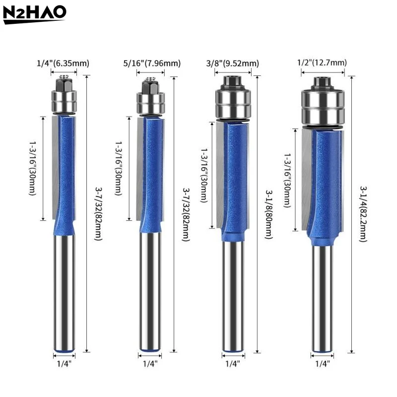 1/4Pcs 6MM 1/4" 5/16" 3/8" 1/2" Double Bearing Carbide Flush Trim Router Bits For Wood Biaxial Trimming Carving Milling Cutter