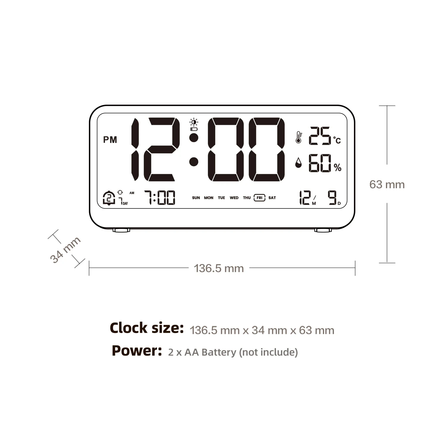 New EN Multifunctional Digital Clock with Adjustable Brightness, Temperature and Humidity Display, Alarm Clock in Dual Modes for