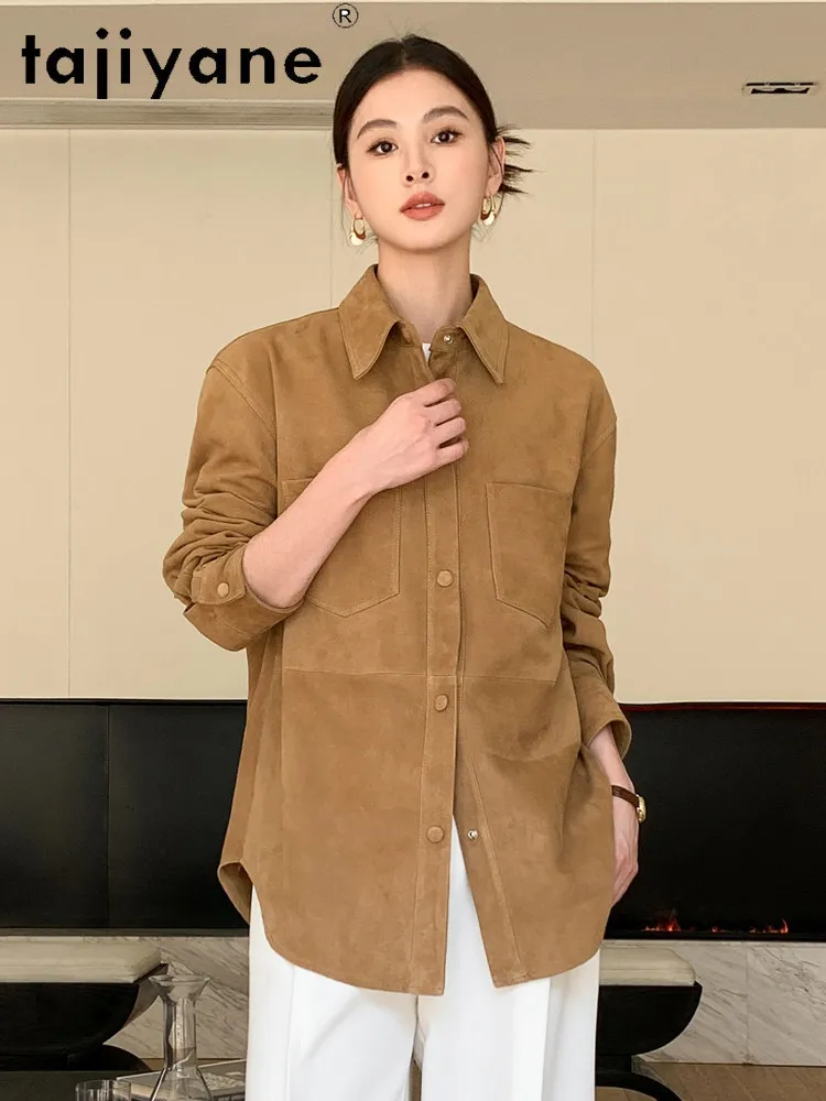 TAJIYANE Mid‑Length Genuine Leather Jacket Woman Suede Sheepskin Vintage Shirt Coats Loose Casual Coat 2026 Women Clothing 가죽자켓