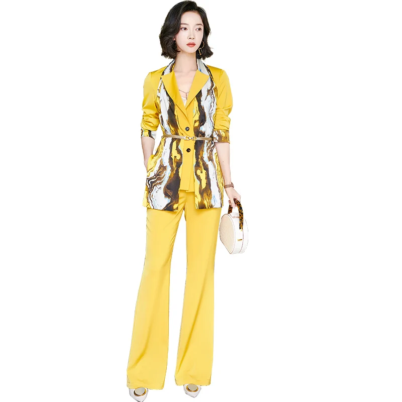 

Ladies V Neck Long Sleeve Yellow Business Set Versatile Coat Slim Blazer Women Suit Office Wear Formal Two Piece Pant Suits Sets