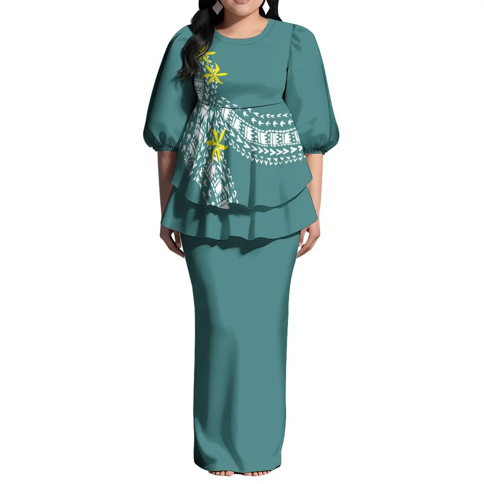 Polynésien Puletasi Puff demi manches deux pièces nouvelle-zélande femmes robe personnalisée grande taille col rond à volants longue robe Maxi