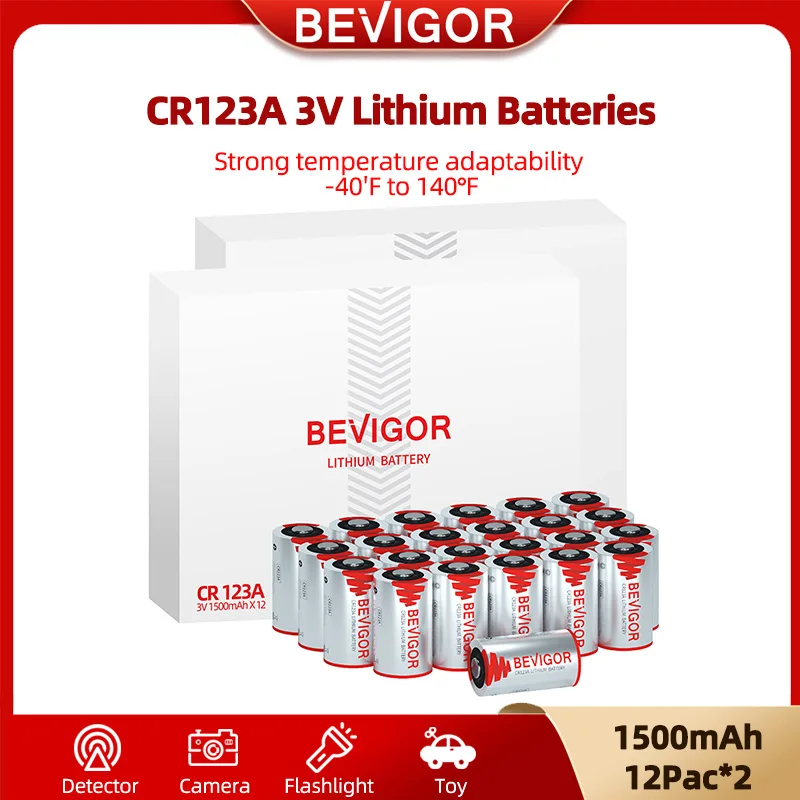

BEVIGOR CR123A 3V Lithium Batteries 24 Pack,1500mAh Photo Battery, 3 Volt 123 Battery Lithium For Flashlight And Security Device