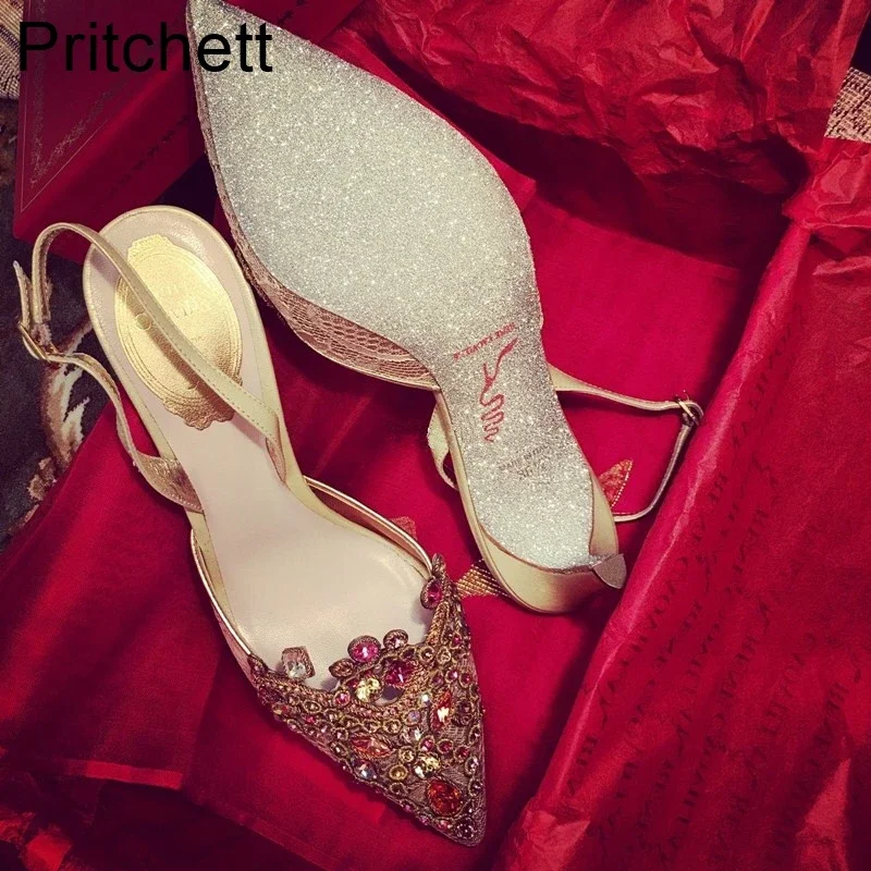 

Leather Mesh Rhinestone Back Strap High-heeled Shoes 2023 Summe Pointed Breathable Sandals Luxury Elegant Banquet Wedding Shoes
