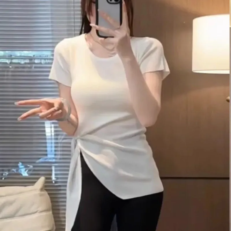 Summer New Comfortable Soft Elastic Slim Temperament Tops Women Vintage Sweet O-neck Side Pleated Knotted Short Sleeve T-shirt