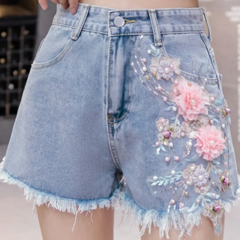 

ZXRYXGS 2025 Bestselling Spring Summer Pearl Flower Denim Shorts Fashion Rough Edges Women Trendy Shorts New