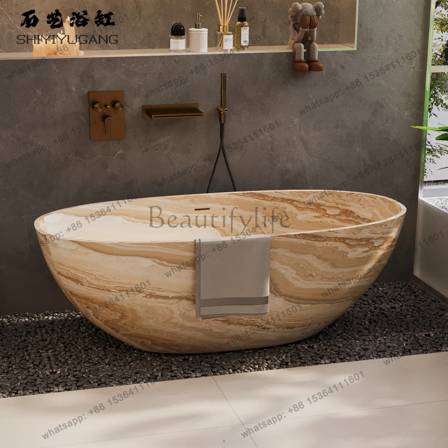 Yellow sand freestanding artificial stone oval bathtub B & B hotel household deep bath