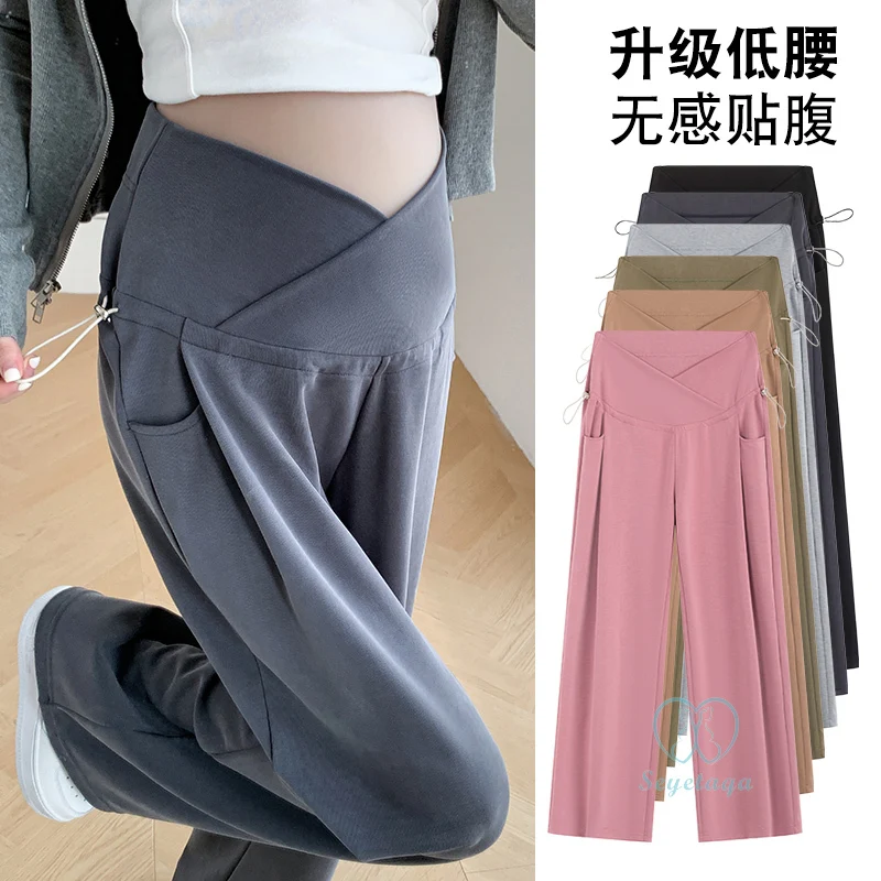 Quality Maternity Long Pants 2024 Spring New Fashion Wide Leg Loose Straight Clothes for Pregnant Women Across V Belly Pregnancy