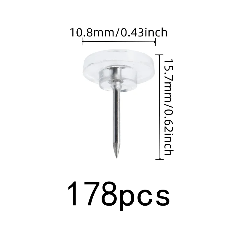 178 pcs Clear Flat Thumb Tacks for Photo Picture Pinning, Easy Push Sharp Pin, Reusable Wall Safe, Multipurpose