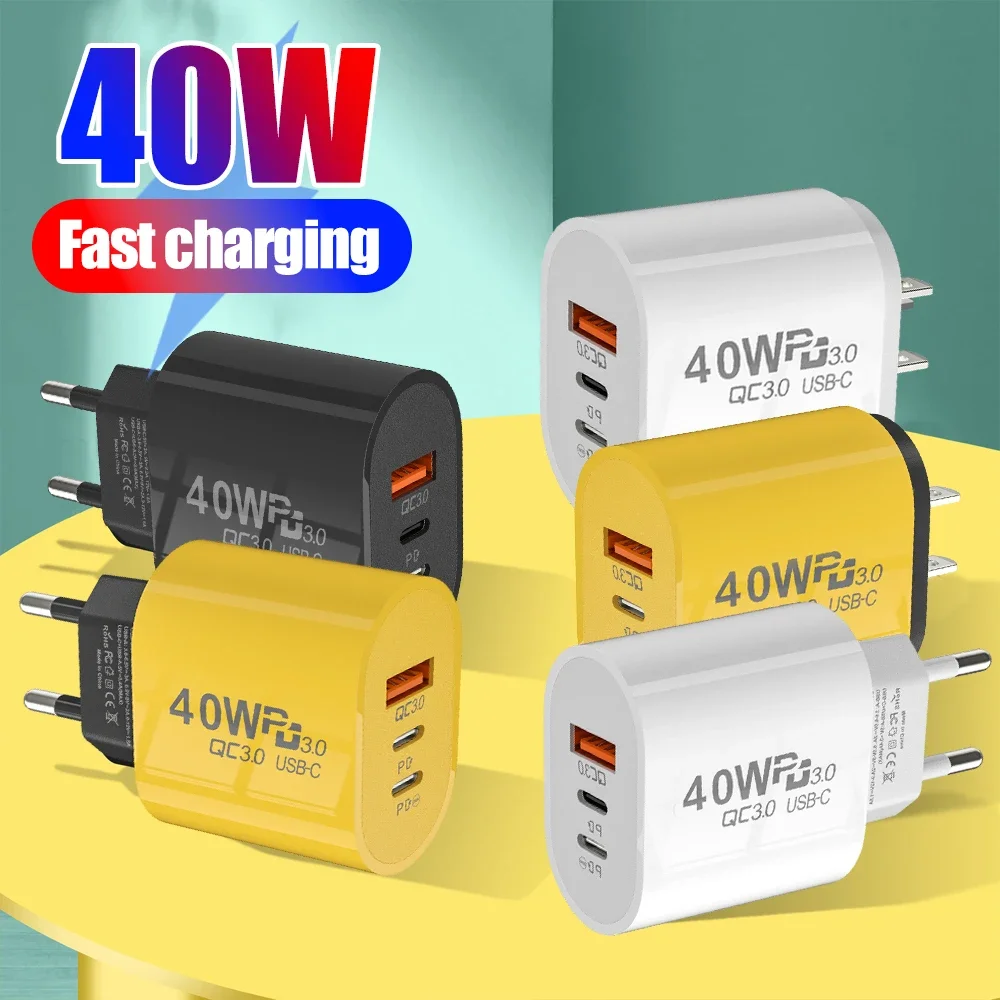 USB QC3.0 شحن سريع مهايئ شاحن PD40W 2 نوع C شواحن الهاتف المحمول متعدد المنافذ شواحن السفر لابل أندرويد الاتحاد الأوروبي/الولايات المتحدة