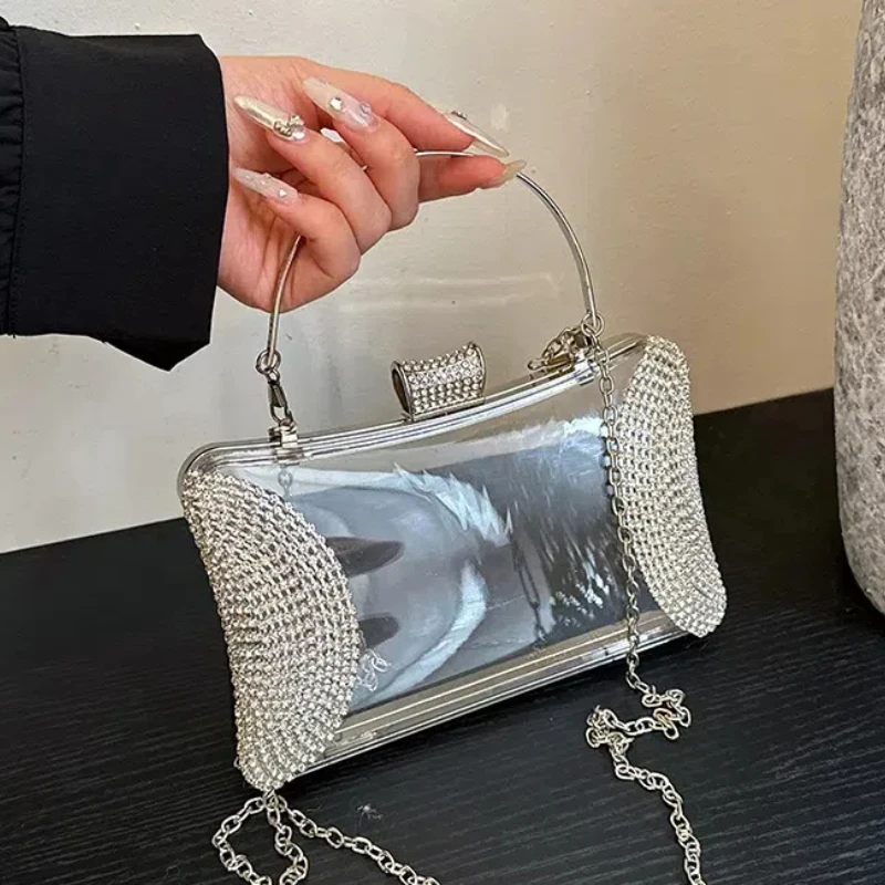 Bolsa de ombro pequena quadrada acrílica para mulheres, bolsas de noite elegantes, bolsa transparente, tendência de festa de luxo, nova, 2024