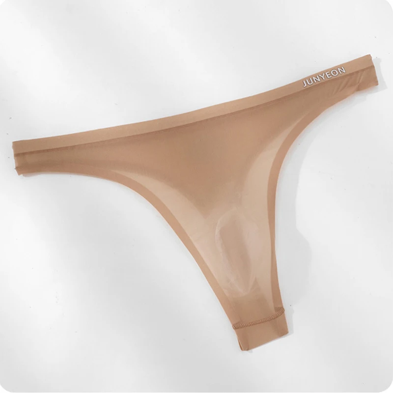 Seamless Men G-string And Thong Underwear Sexy Ice Silk Ultra-thin Panties Breathable 3D Pouch Design T-Back Underpants Tanga view 4