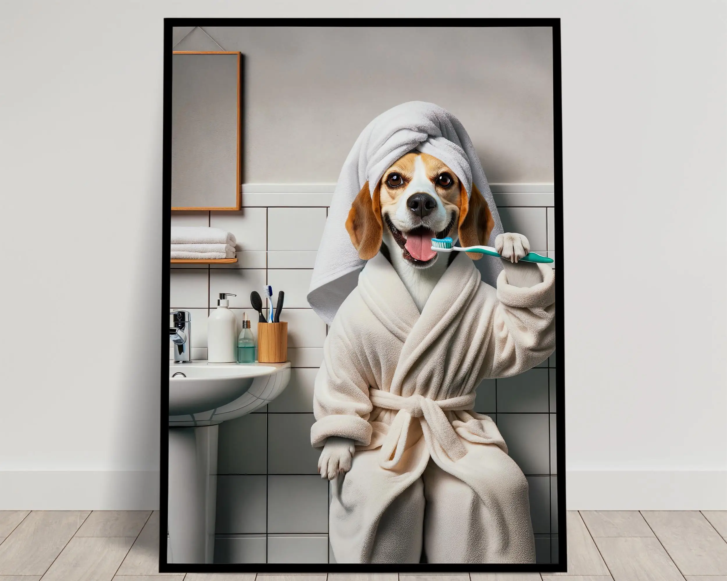 Portrait Airedale Brushing Teeth in Bathrobe Beagle Schnauzer Poster Print Wall Art Pictures Canvas Painting Room Home Decor