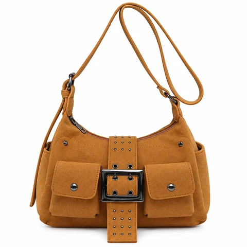 Bag Women's Y2K Biker Tote Bag Matte Texture Large Capacity Double Pocket Rivet Strap Detail Shoulder Crossbody Handbag