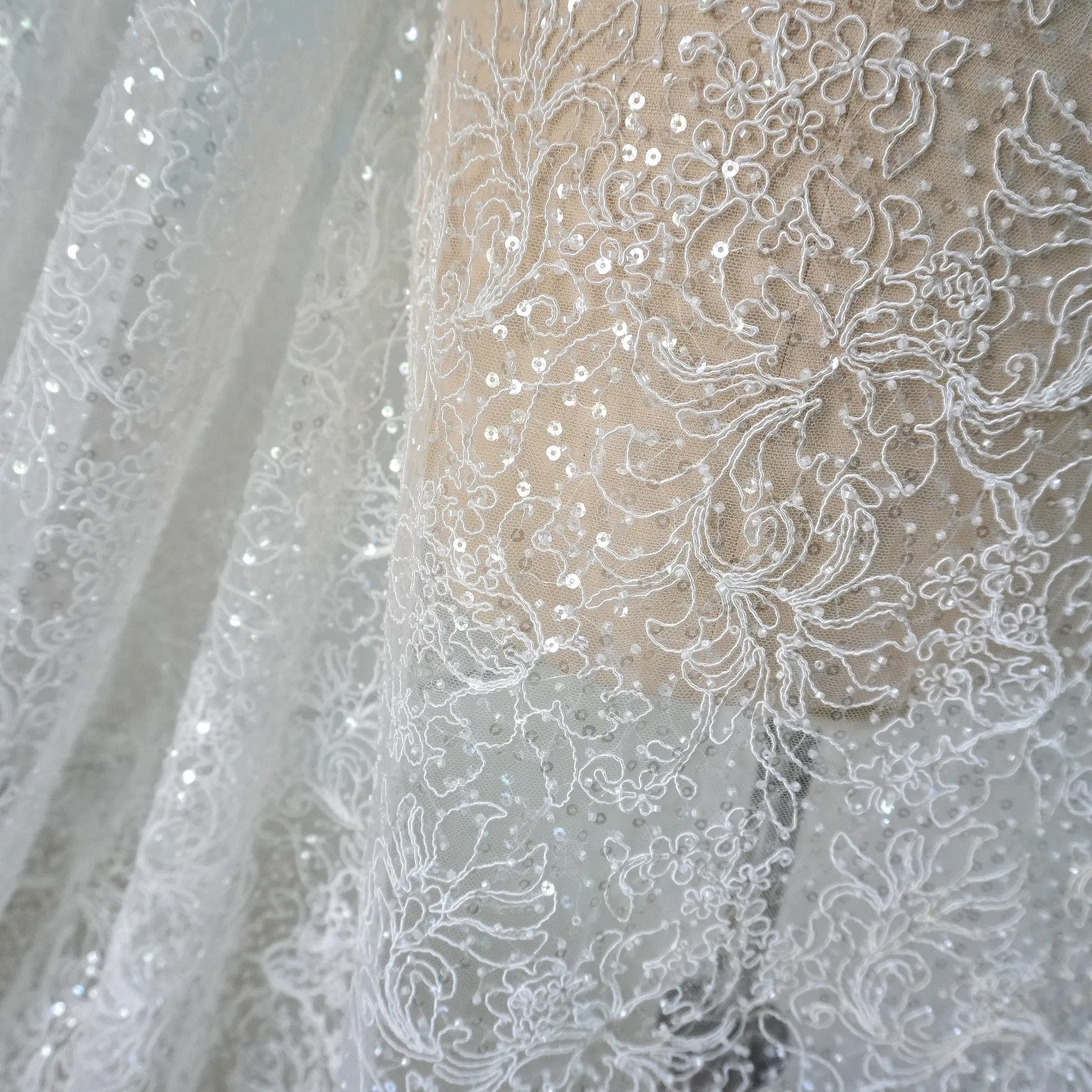 

Full Boning Beaded Lace Fabric with Sequins Bridal Dress Material DIY Sewing Trims Apparel Accessories