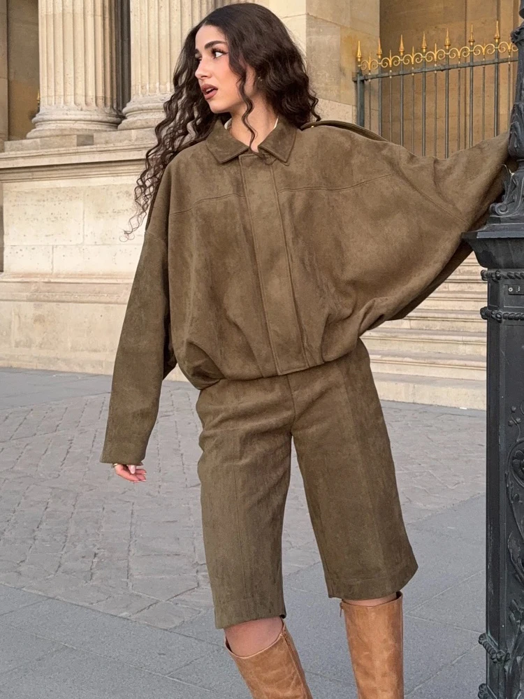 HH Vintage Dámská semišová bomberová bunda s dlouhým rukávem a klopou na zip, ležérní kabát, jarní pouliční svrchní oblečení - náhled 4