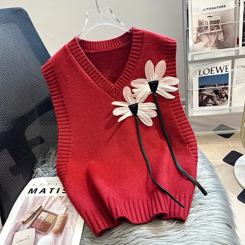 Women's Knitted Vest V-neck Three-dimensional Flower Sweet Fashionable Versatile Sweater 2024 Autumn/Winter New Pullover Top