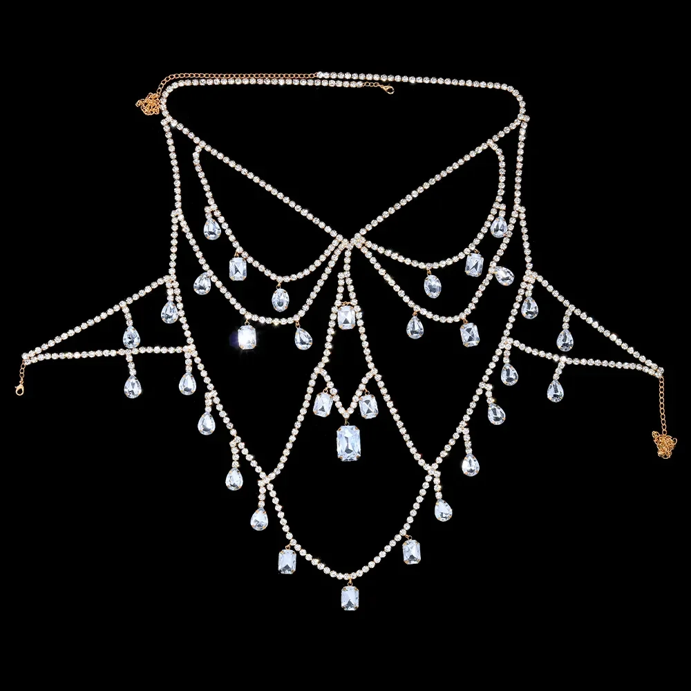 XSBODY Charm Exaggerated Big Crystal Lingerie Chest Chain Water Drop Gem Rhinestone Bra Vest Chain Ladies Clubwear Jewelry