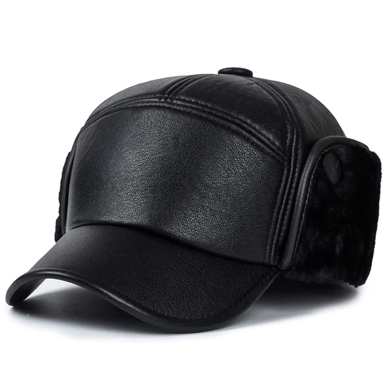 Black Leather Fur Baseball Cap Hats for Men Winter Warm Cap Men Snapback Women Casquette Bones Dad Caps Gorras Earflaps Thicken